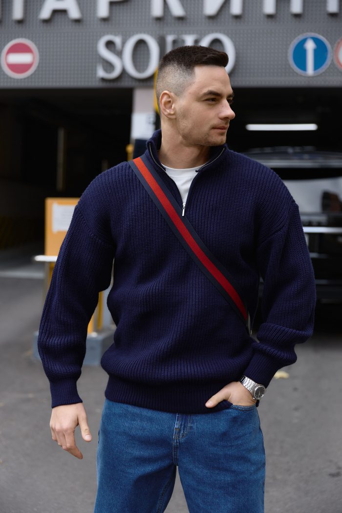 IMG_9358 Светр в’язаний чоловічий на блискавці темно-синій 2024 Фото - 1