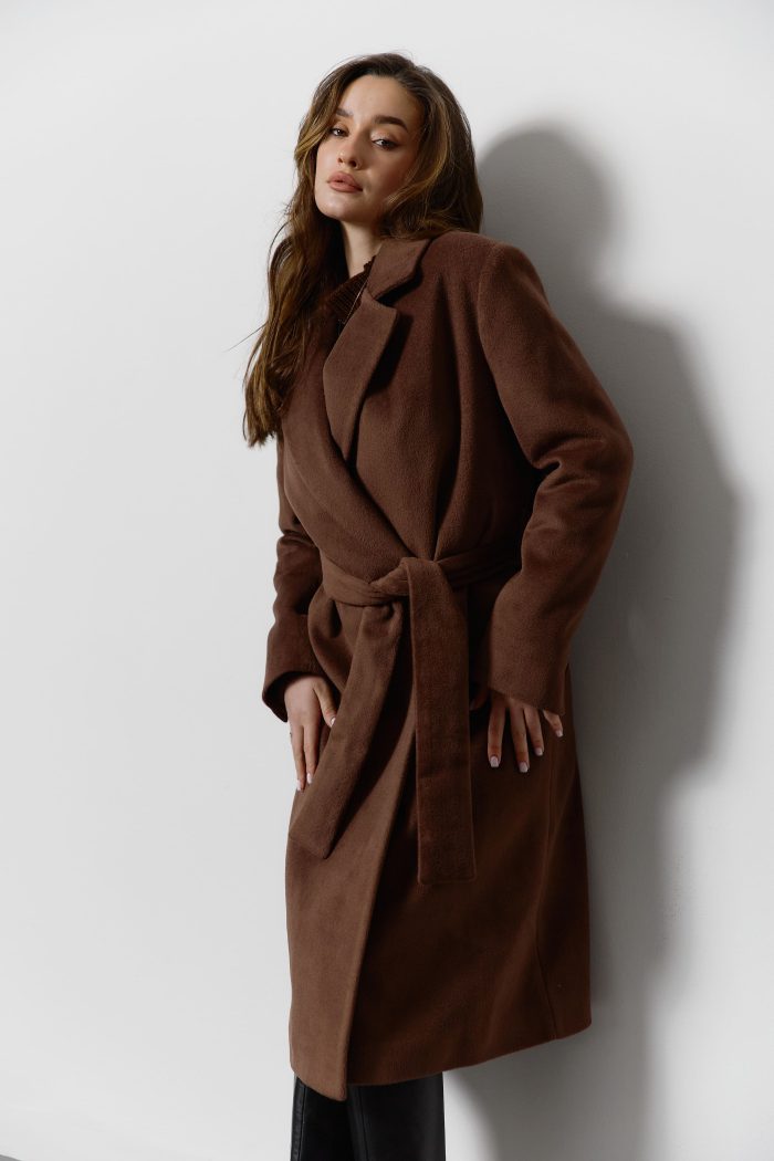 IMG_6724 Вовняне пальто під пояс жіноче шоколад Фото - 6