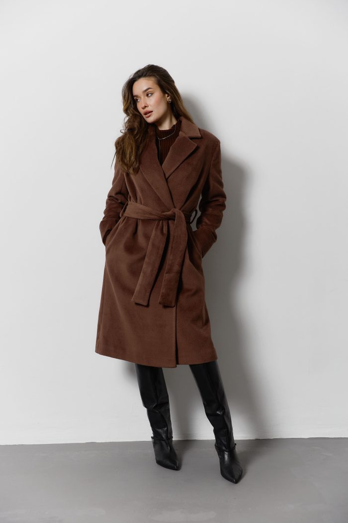 IMG_6727 Вовняне пальто під пояс жіноче шоколад Фото - 2