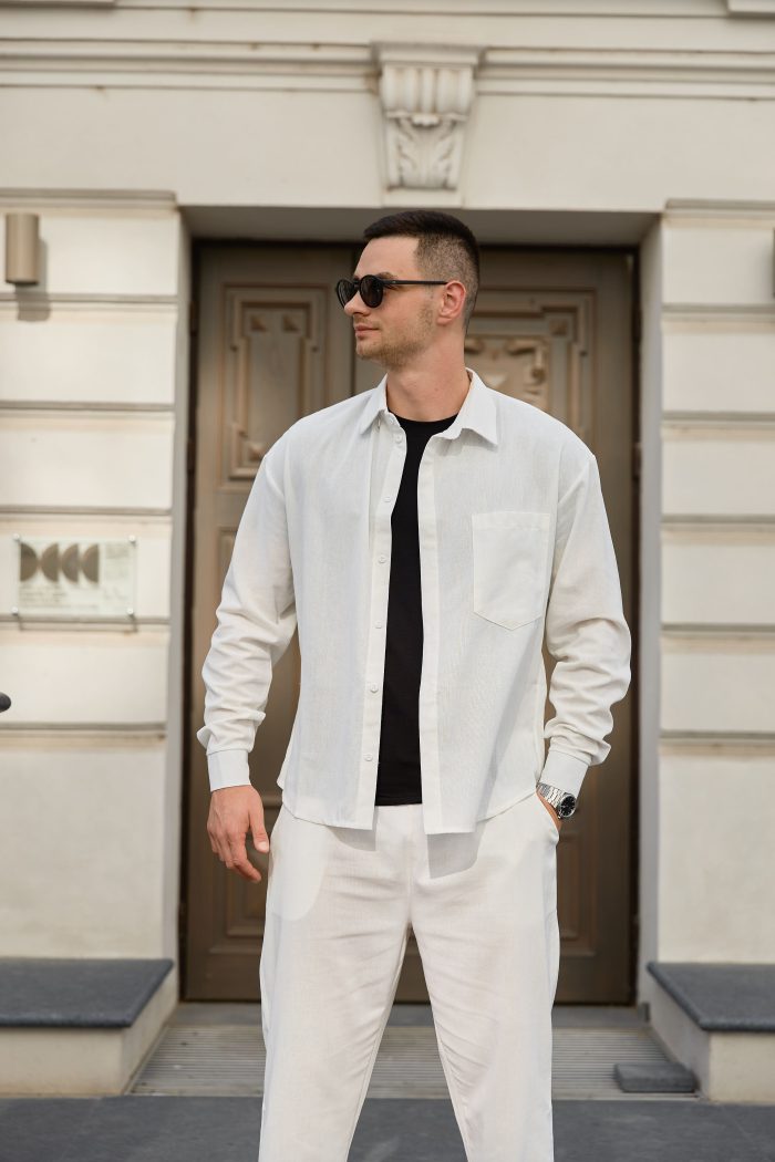 IMG_7972 Сорочка чоловіча на гудзиках з довгим рукавом з льону молочна Фото - 1