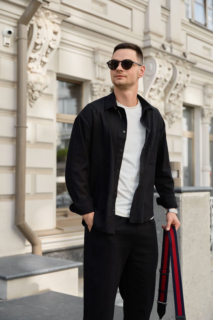 IMG_7973 Сорочка чоловіча на гудзиках з довгим рукавом з льону чорна Фото - 1