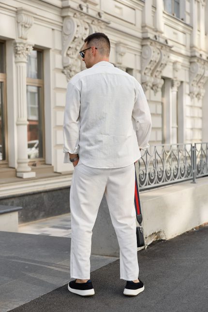 Сорочка чоловіча на гудзиках з довгим рукавом з льону молочна