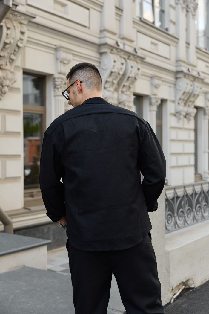 IMG_7978 Сорочка чоловіча на гудзиках з довгим рукавом з льону чорна Фото - 5