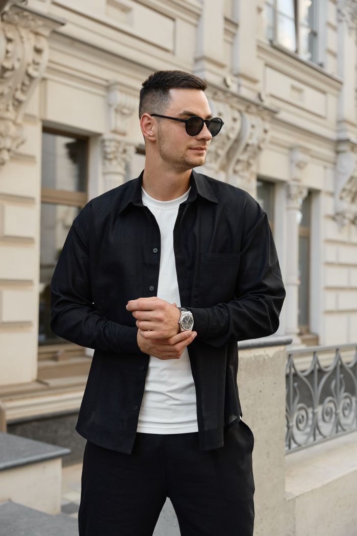 IMG_7984 (1) Сорочка чоловіча на гудзиках з довгим рукавом з льону чорна Фото - 4