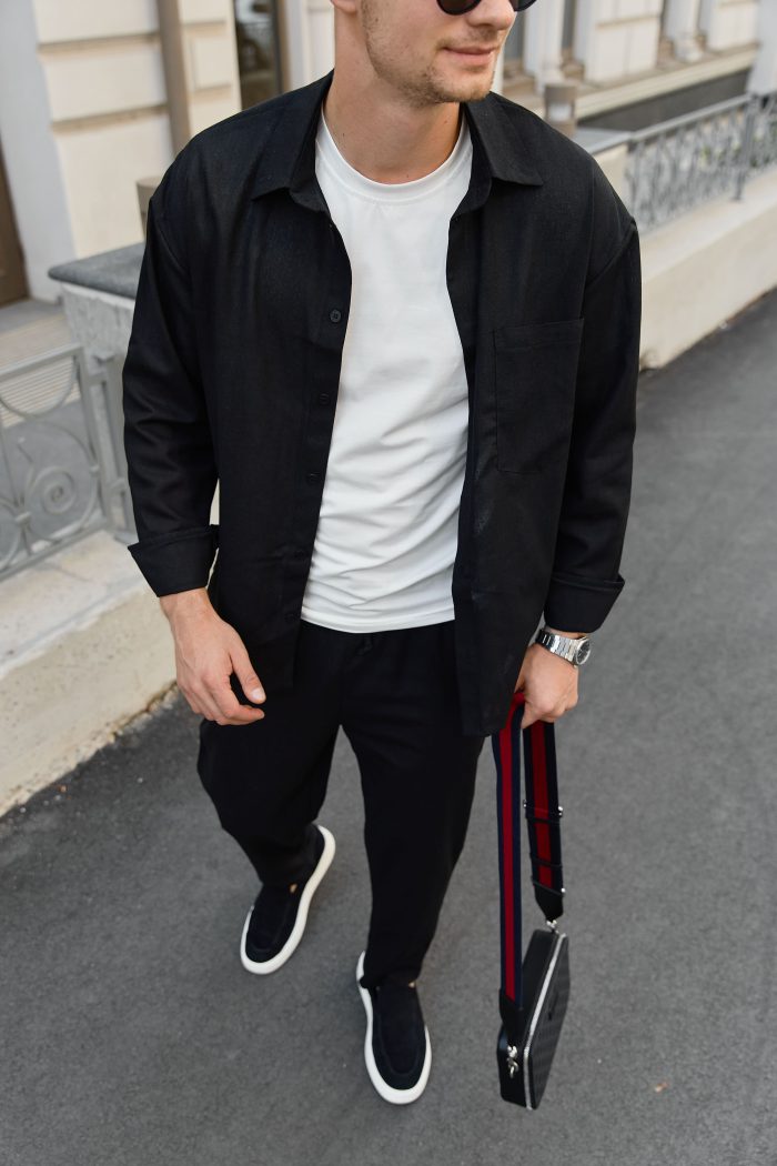 IMG_7987 (1) Сорочка чоловіча на гудзиках з довгим рукавом з льону чорна Фото - 2