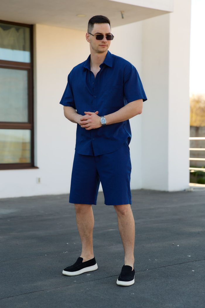 IMG_2733 Сорочка чоловіча на ґудзиках з коротким рукавом з льону синя Фото - 4