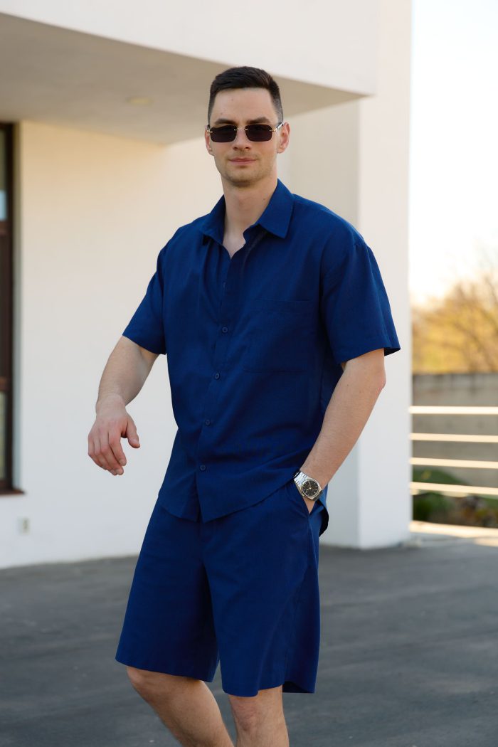 IMG_2734 Сорочка чоловіча на ґудзиках з коротким рукавом з льону синя Фото - 1