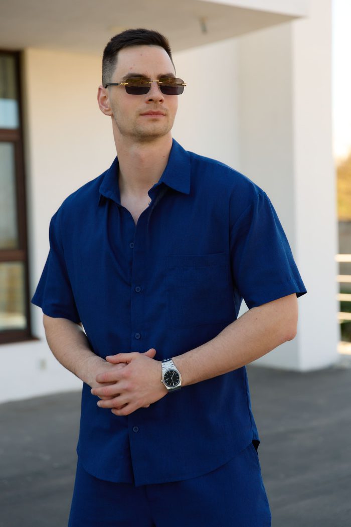 IMG_2735 Сорочка чоловіча на ґудзиках з коротким рукавом з льону синя Фото - 5