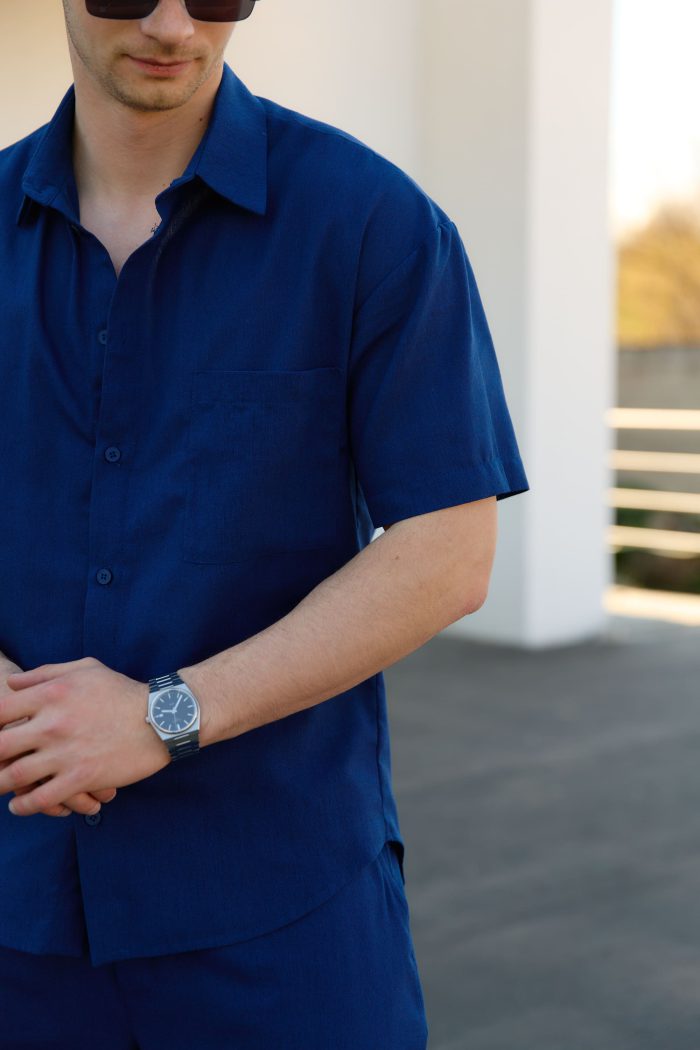 IMG_2736 (1) Сорочка чоловіча на ґудзиках з коротким рукавом з льону синя Фото - 2