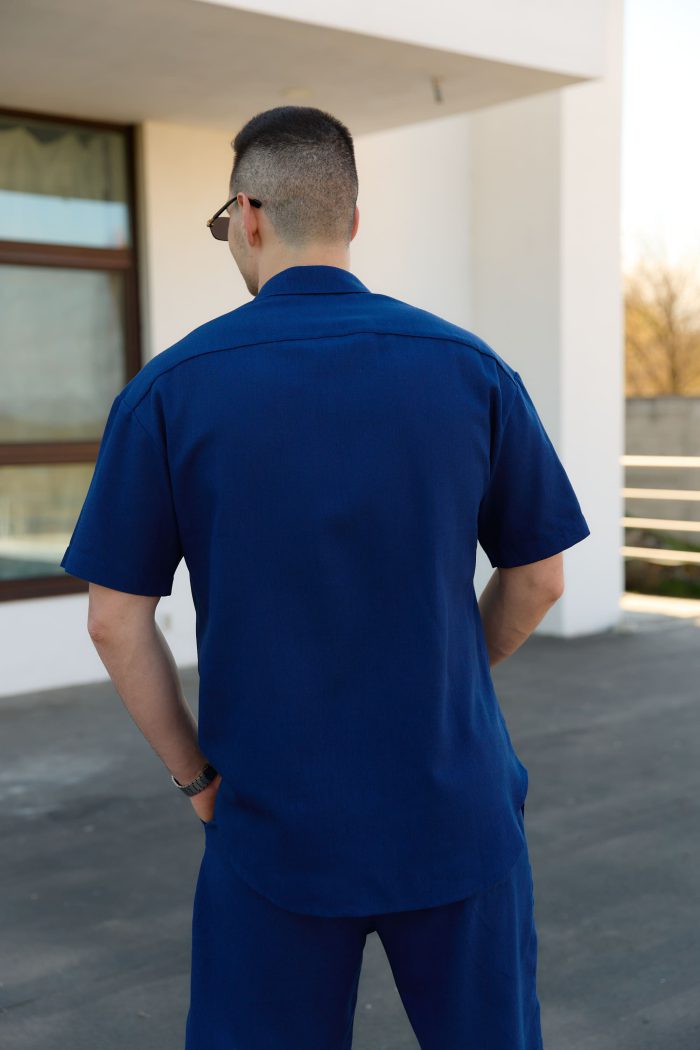 IMG_2748 (1) Сорочка чоловіча на ґудзиках з коротким рукавом з льону синя Фото - 3