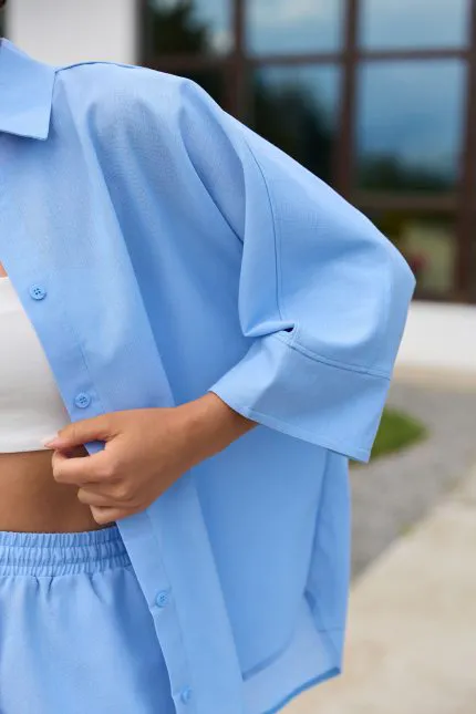 Сорочка oversize з льону жіноча блакитна