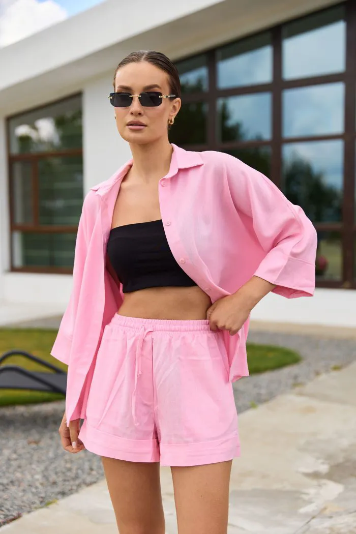 Сорочка oversize з льону жіноча рожева Фото - 4