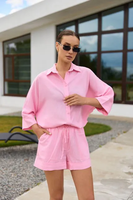 Сорочка oversize з льону жіноча рожева