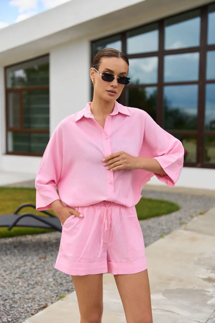 Сорочка oversize з льону жіноча рожева Фото - 1