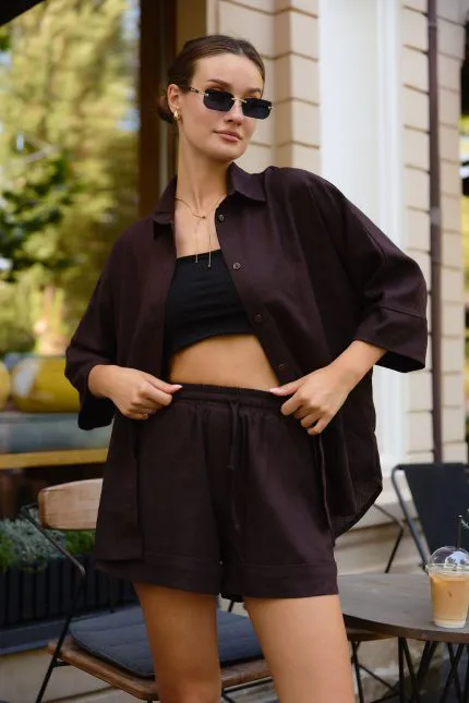 Сорочка oversize з льону жіноча шоколад