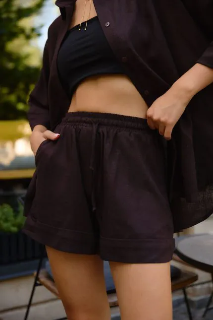 Шорти oversize з льону жіночі шоколад