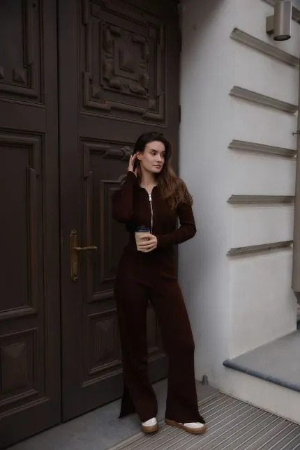 Комплект в’язаний на блискавці зі штанами шоколад