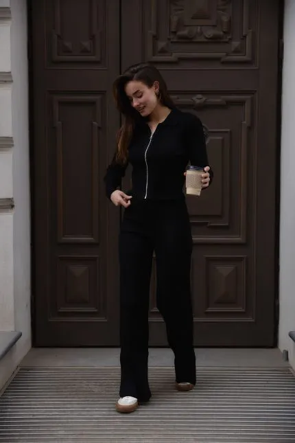 Комплект в’язаний на блискавці зі штанами чорний