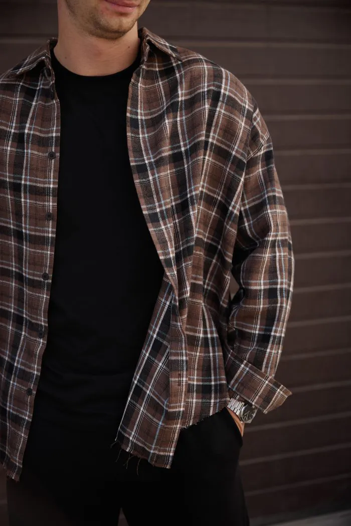 IMG_8801 Сорочка чоловіча у клітинку з необробленим краєм шоколад Фото - 2