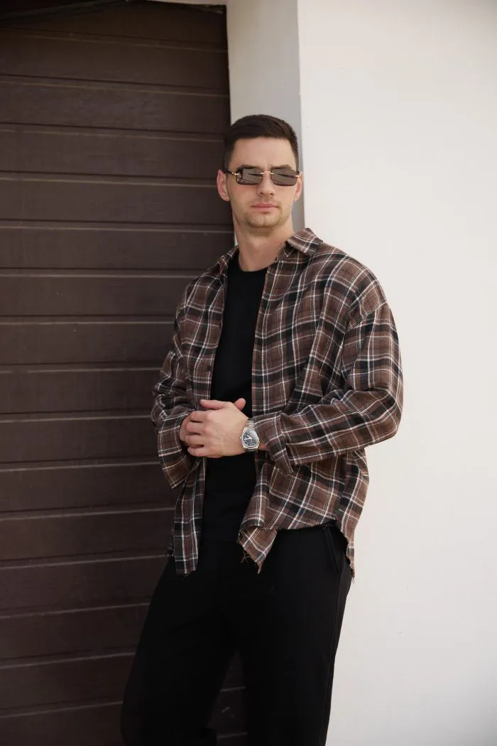 IMG_8806 Сорочка чоловіча у клітинку з необробленим краєм шоколад Фото - 1