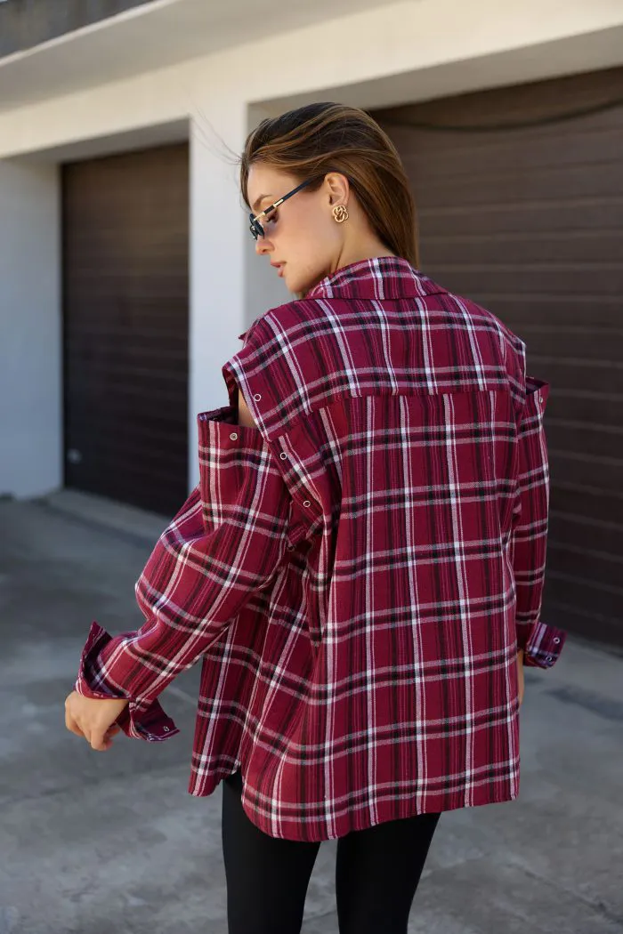 Картата сорочка в клітинку з відстібними рукавами бордо Фото - 3