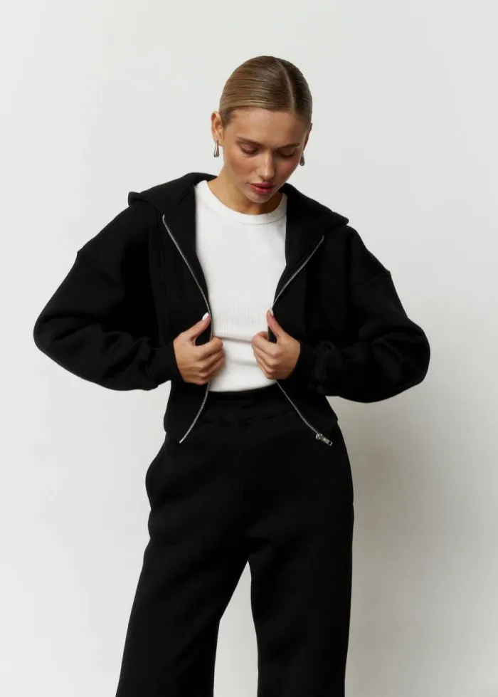 Костюм кроп з флісом жіночий чорний Фото - 3