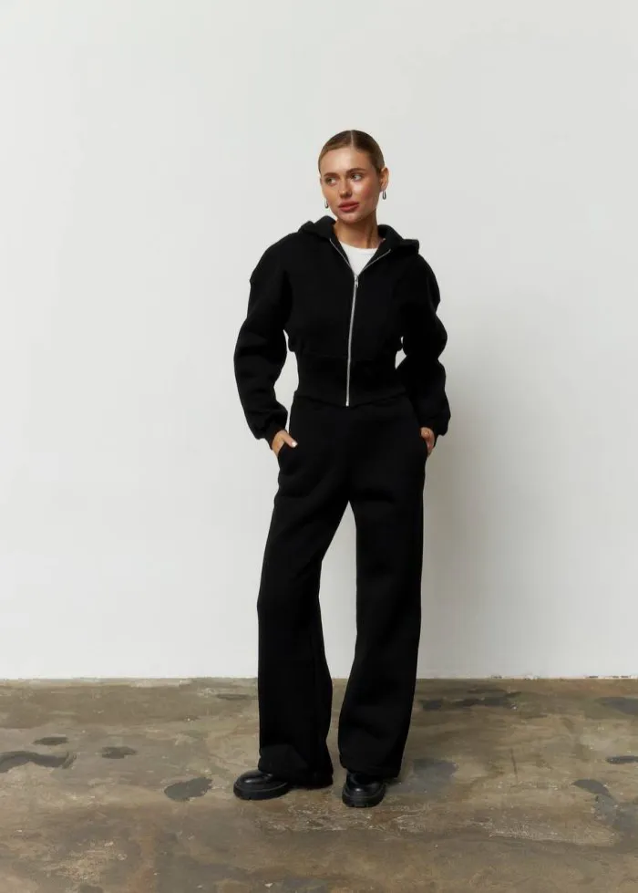 Костюм кроп з флісом жіночий чорний Фото - 1