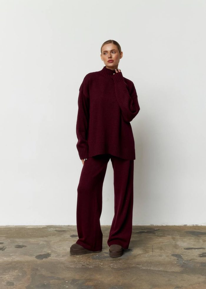 IMG_2790 Костюм в’язаний зі штанами та кофтою під горло бордо Фото - 1