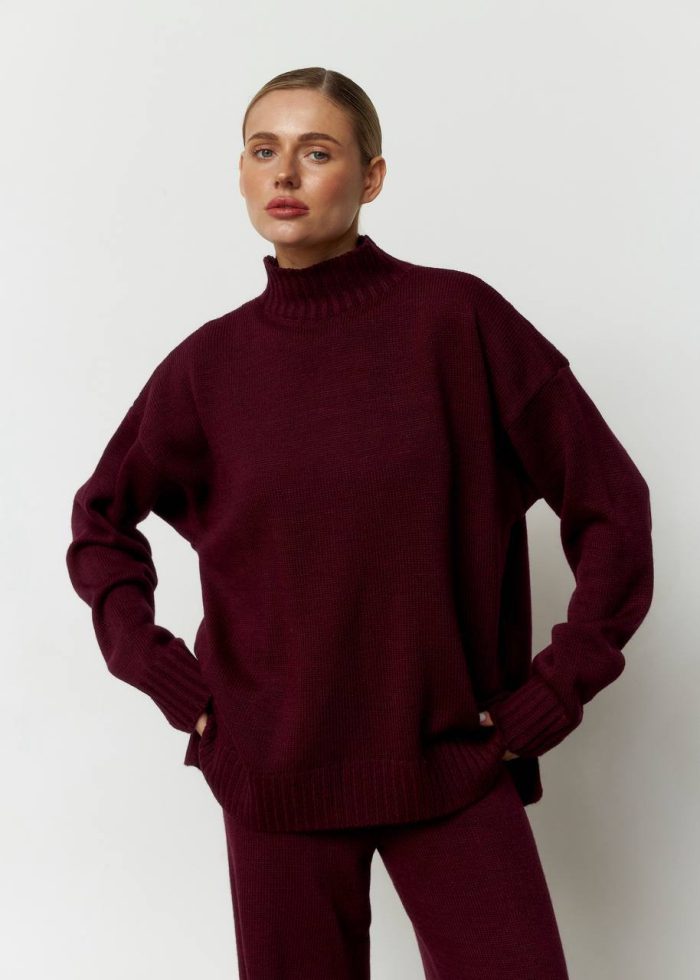 IMG_2793 Костюм в’язаний зі штанами та кофтою під горло бордо Фото - 2