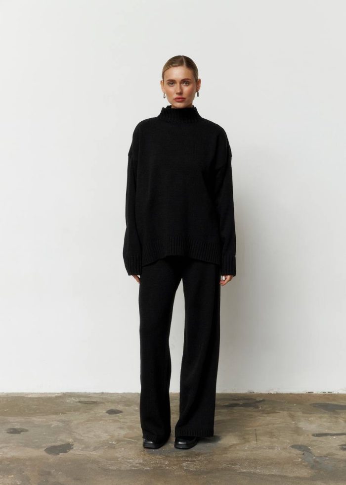 IMG_2802 (1) Костюм в’язаний зі штанами та кофтою під горло чорний Фото - 1