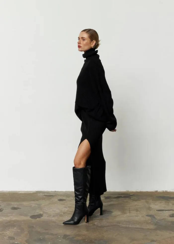 Комплект вʼязаний під горло зі спідницею чорний Фото - 4