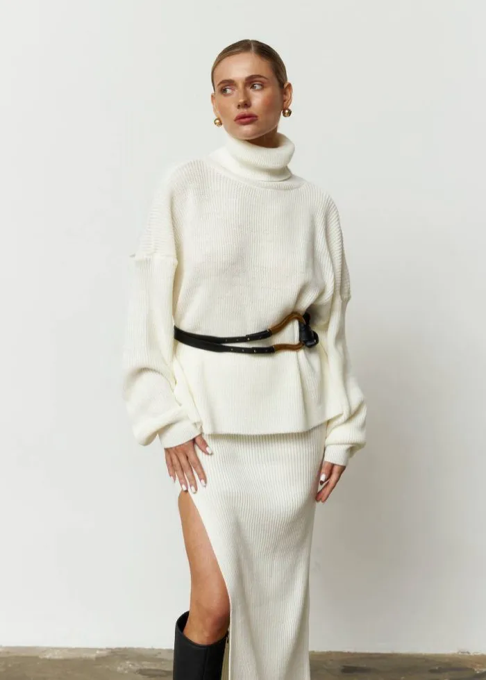 Комплект вʼязаний під горло зі спідницею молочний Фото - 5