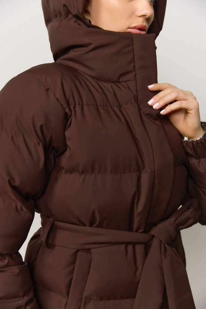 IMG_3582 Пуховик з поясом матовий жіночий шоколад Фото - 4