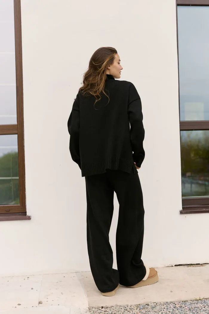 Костюм в’язаний зі штанами та кофтою під горло чорний Фото - 4
