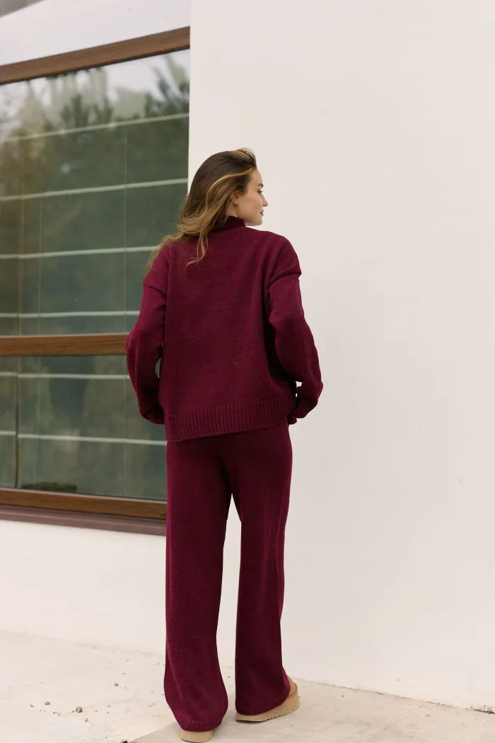 Костюм в’язаний зі штанами та кофтою під горло бордо Фото - 4