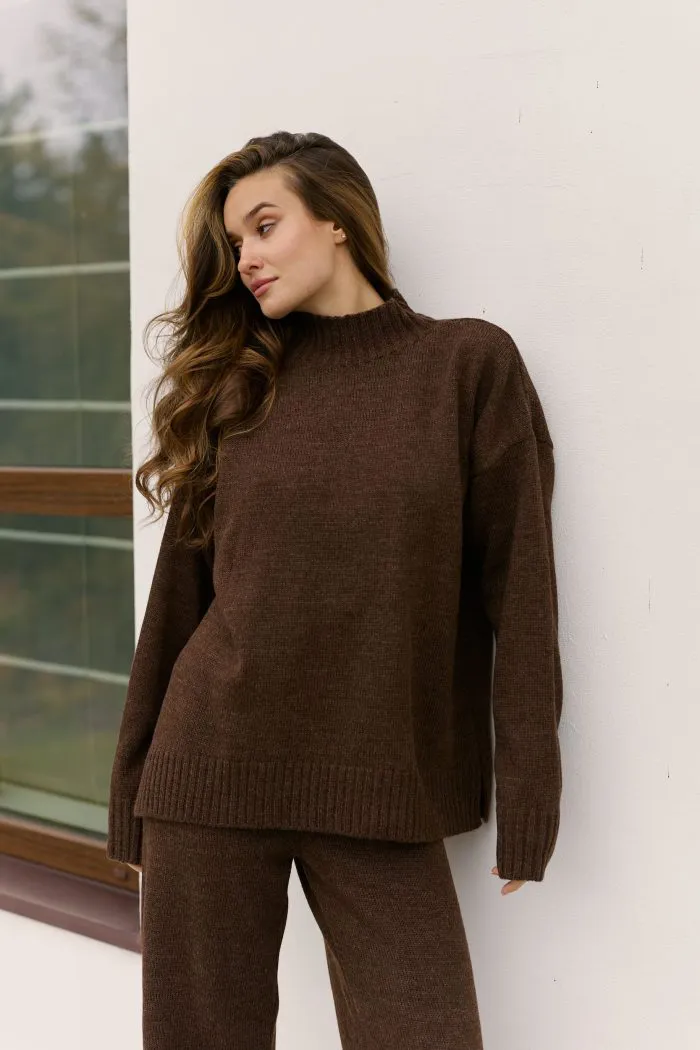 Костюм в’язаний зі штанами та кофтою під горло шоколад Фото - 2