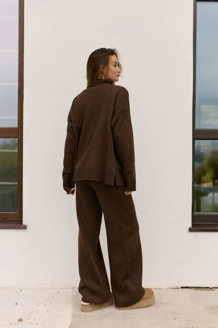 Костюм в’язаний зі штанами та кофтою під горло шоколад Фото - 4