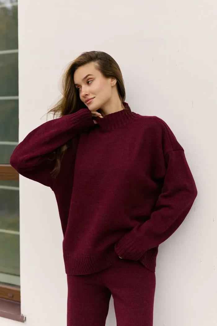 Костюм в’язаний зі штанами та кофтою під горло бордо Фото - 2