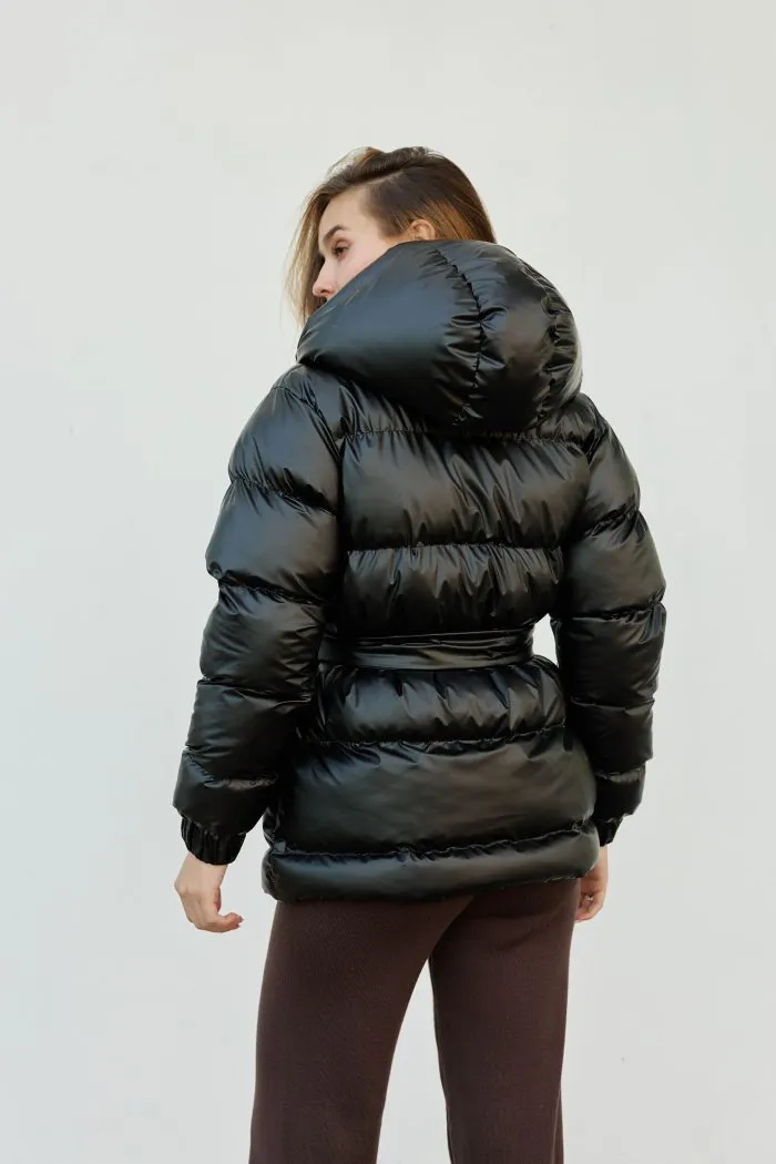 Пуховик з поясом жіночий чорний Фото - 3