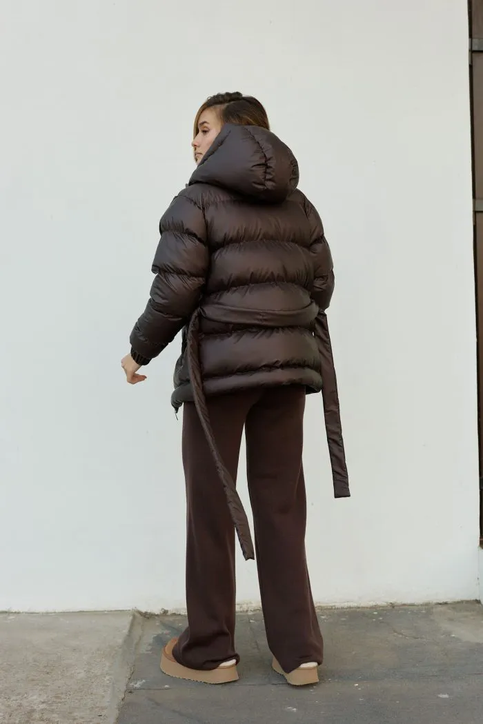 Пуховик з поясом жіночий шоколад Фото - 3