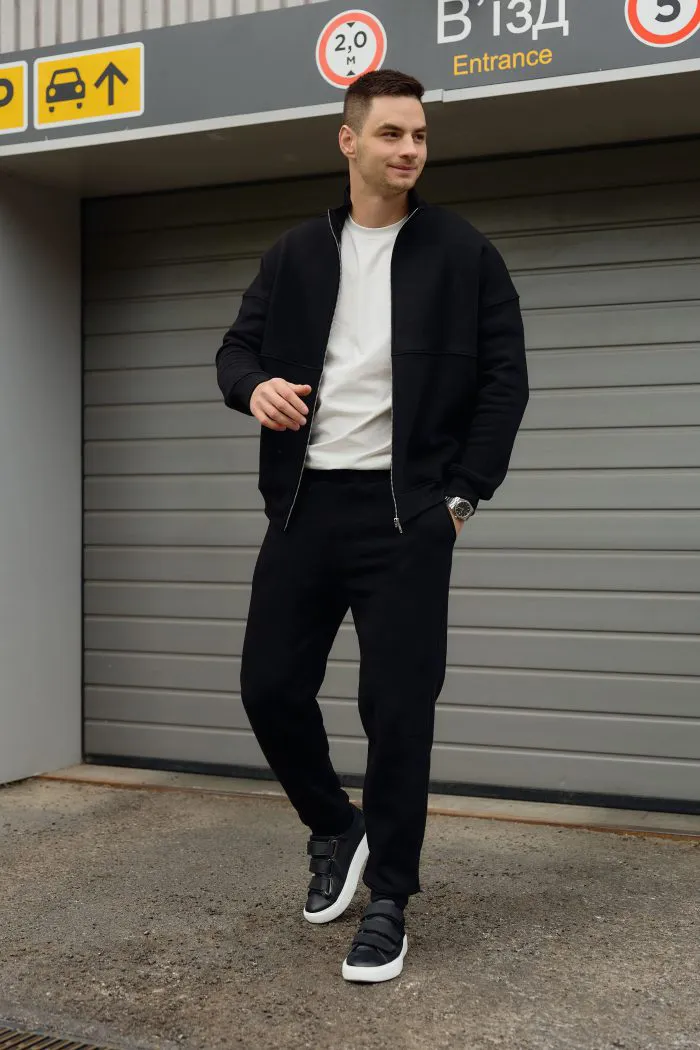 Костюм бомбер чоловічий з флісом чорний Фото - 1