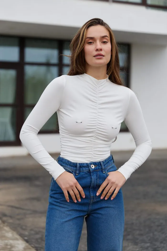 Лонгслів з пірсингом молочний Фото - 2