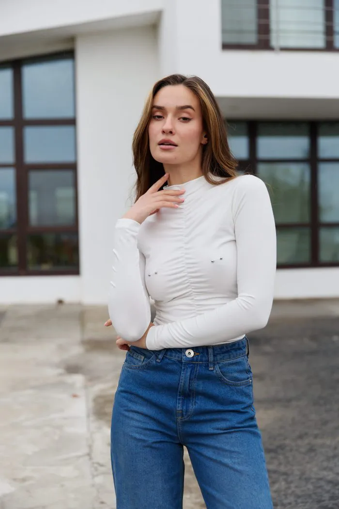 Лонгслів з пірсингом молочний Фото - 4