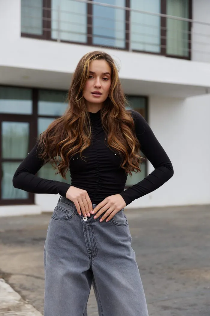 Лонгслів з пірсингом чорний Фото - 4