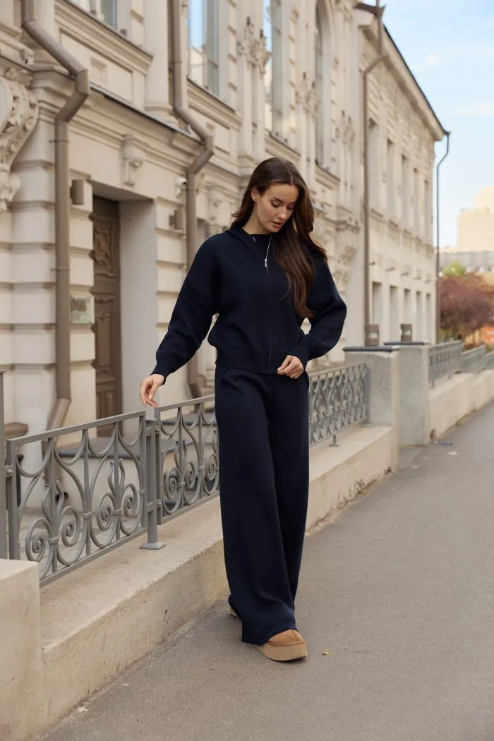 Костюм в’язаний з капюшоном жіночий синій Фото - 1