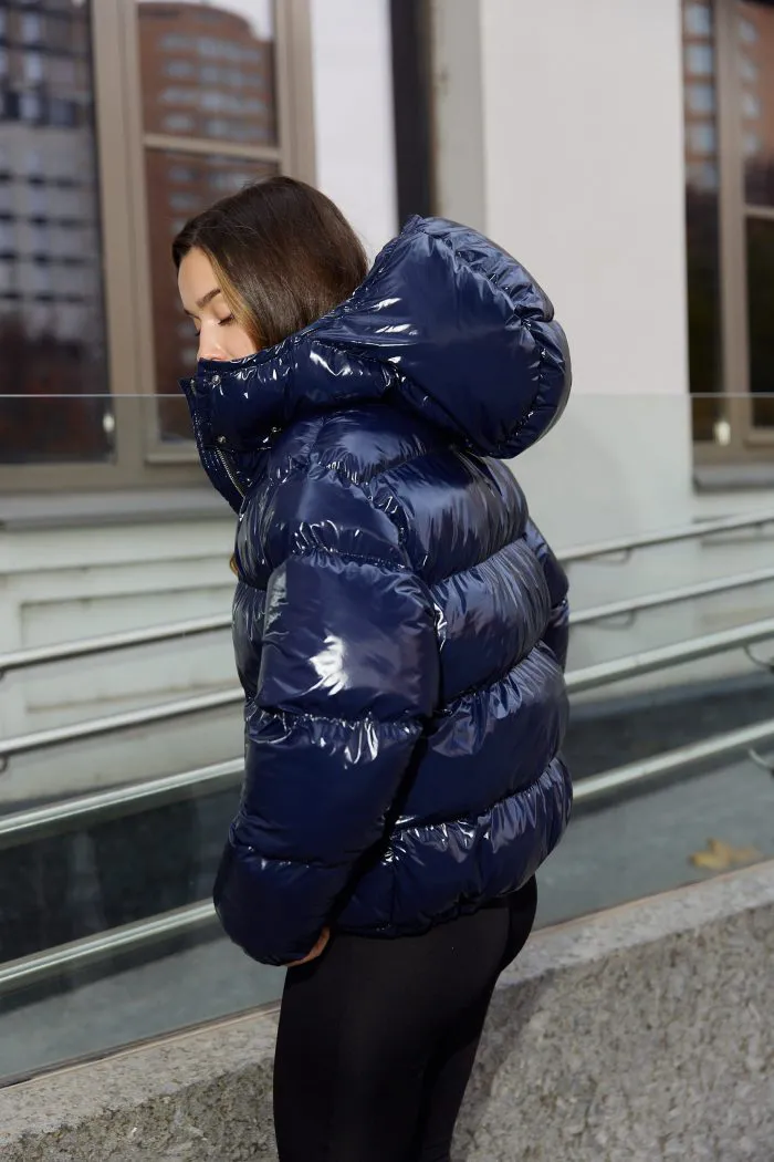 Пуховик жіночий з лакової тканини синій Фото - 4