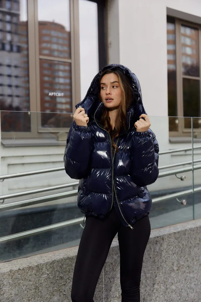 Пуховик жіночий з лакової тканини синій Фото - 5