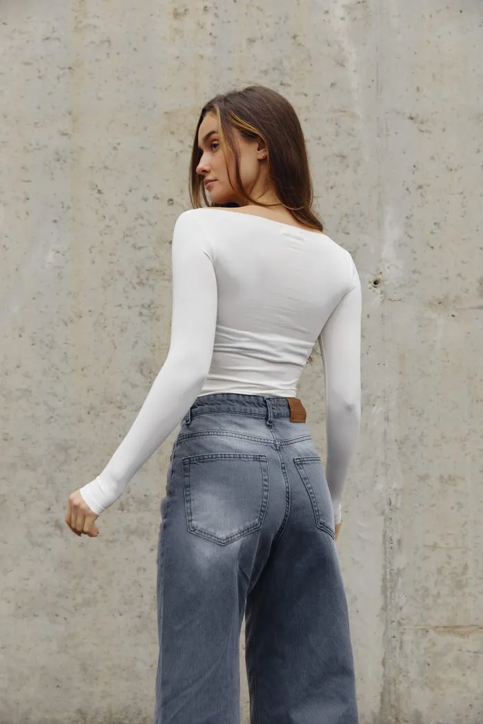 Лонгслів skims з необробленим горлом жіночий молочний Фото - 5