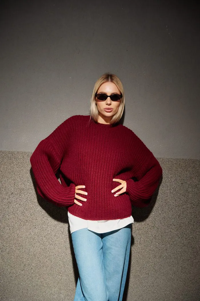Вʼязаний светр oversize жіночий бордо Фото - 4
