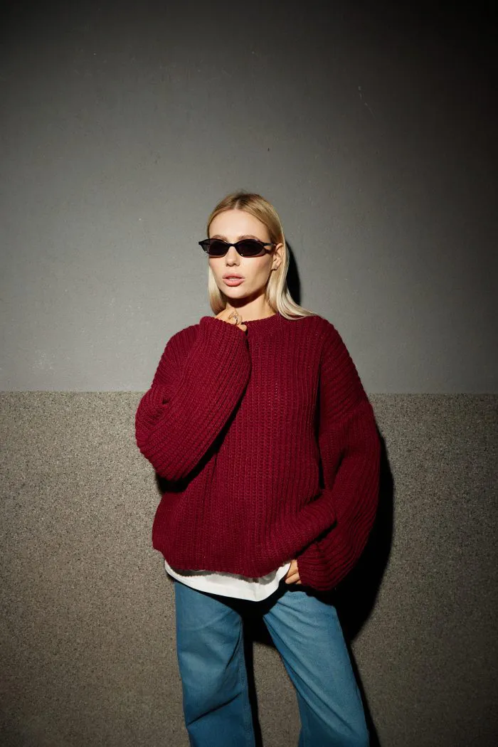 Вʼязаний светр oversize жіночий бордо Фото - 1